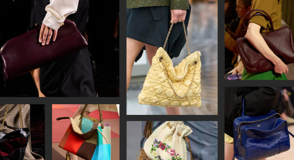 A sourcing manager reviewing a collection of bag samples and material swatches