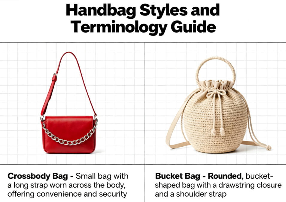 How Are the Major Categories of Bags Defined and Used Across Different Lifestyles? | Junhao Handbag | Leather Handbag OEM/ODM Manufacturer A chart showing different handbag silhouettes like satchel, hobo, tote, and clutch