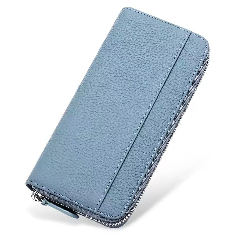 OEM/ODM contract manufacturing blue genuine leather long wallet with zip closure